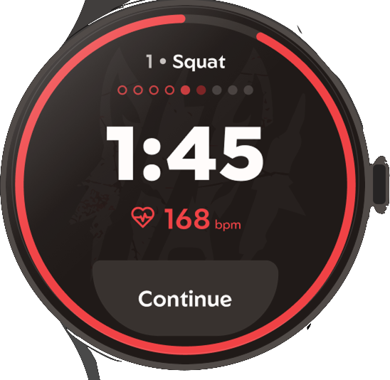 Pixel Watch: rest timer just after the set, heart rate above 165 bpm