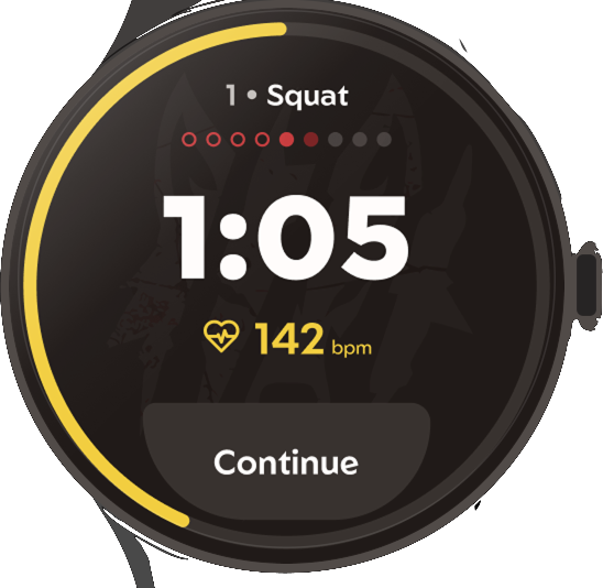 Pixel Watch: rest timer coming down, heart rate between 130 and 165 bpm